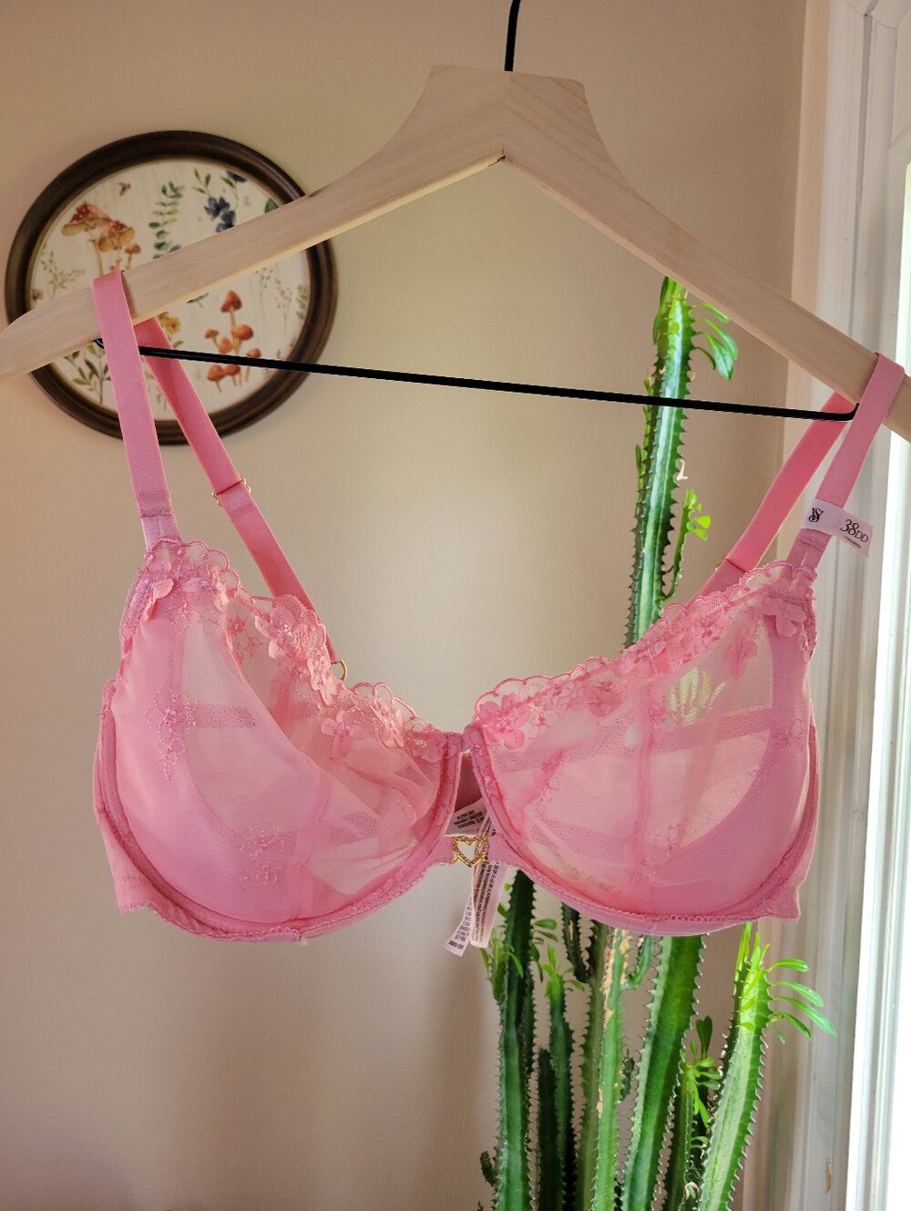 Victoria's Secret Unlined Floral Embroidered Balconette Pink Lace Bra, Size 38DD
